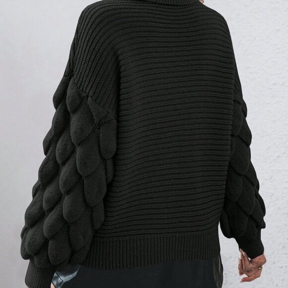 Black Casual Women's Turtleneck Drop Shoulder Sweater - Picture 2 of 5